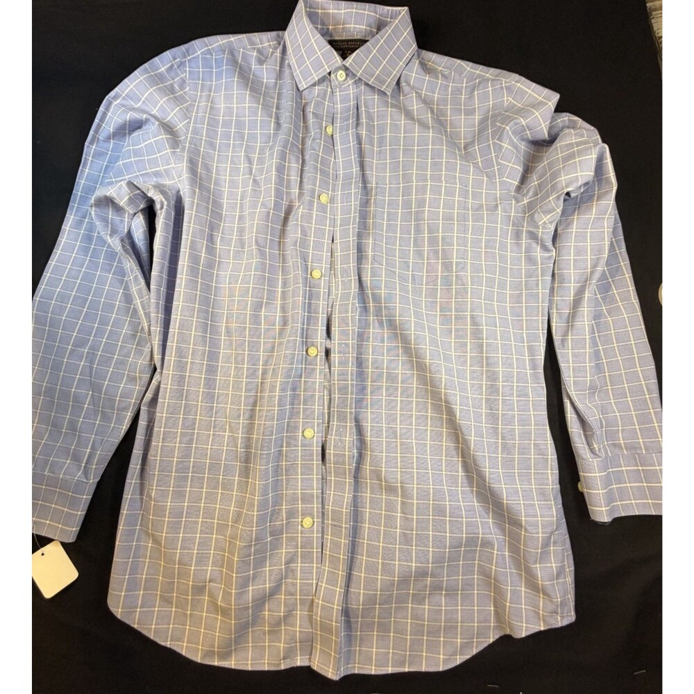 👔✨ Banana Republic Shirt Men’s Medium Blue Grid Check Non-Iron Tailored Slim Fi